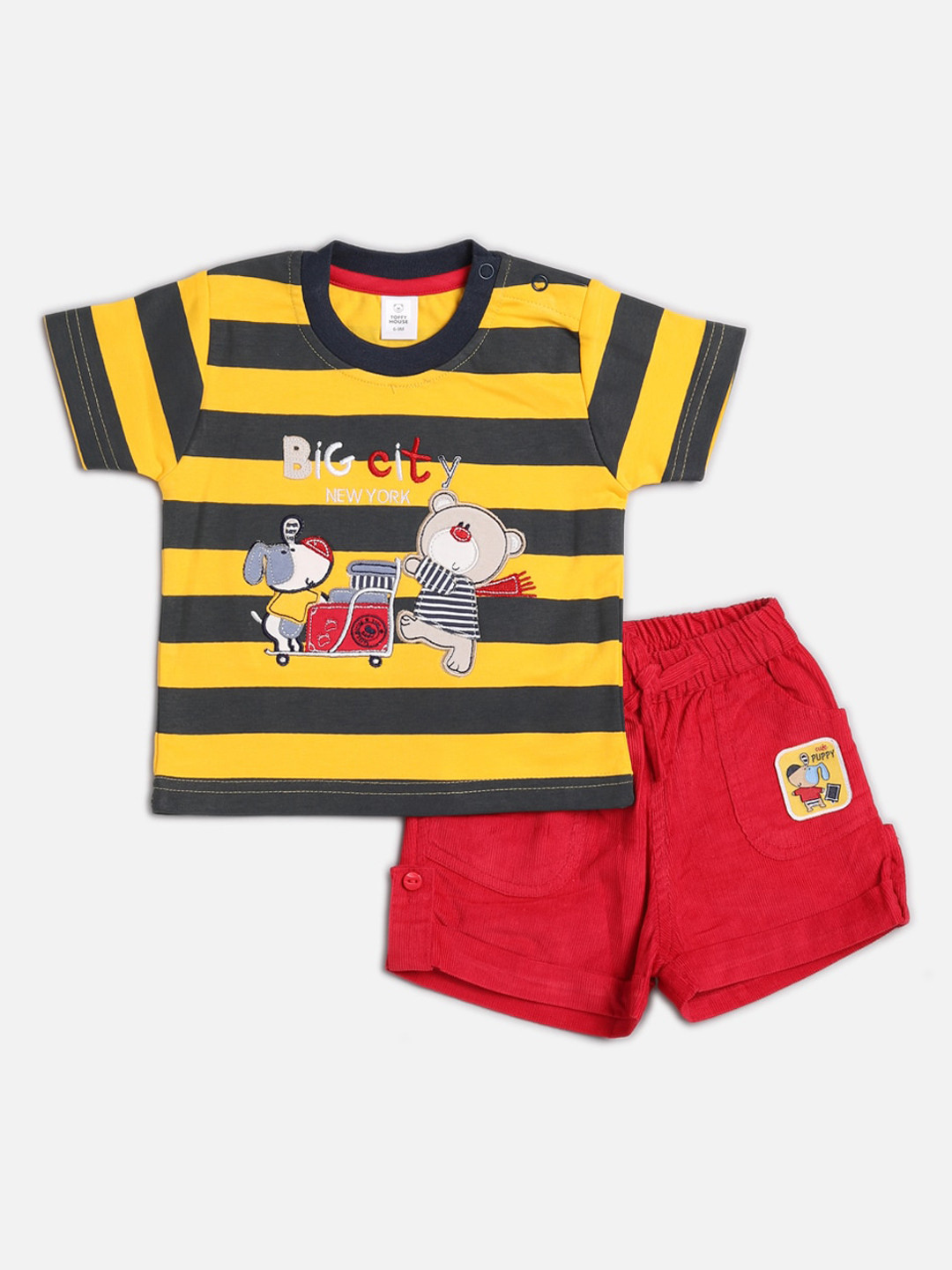 TOFFY HOUSE Boys Yellow & Red Striped Cotton T-shirt with Shorts