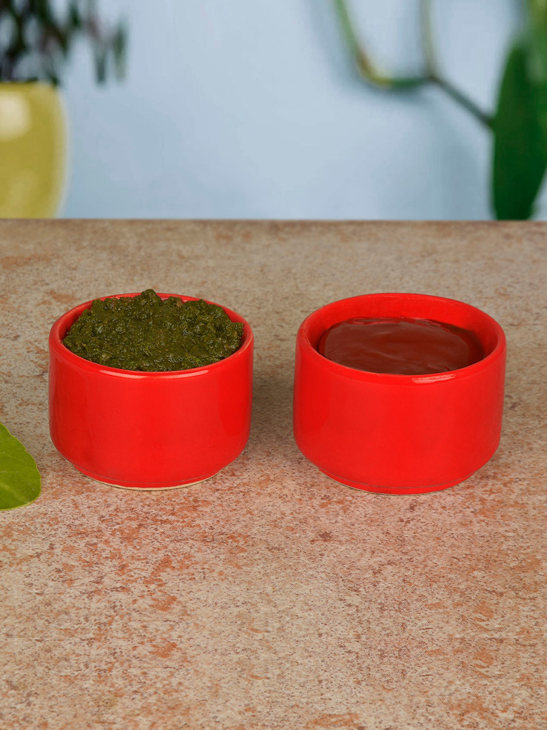 StyleMyWay Set Of 2 Red Solid Ceramic Dip Bowls
