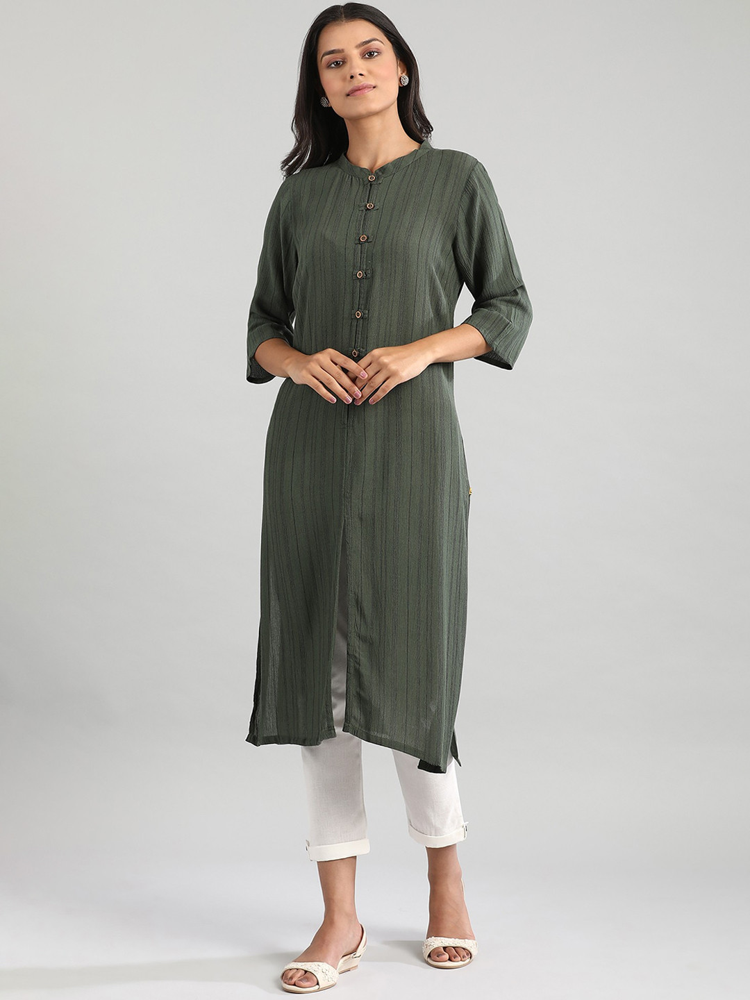 AURELIA Women Green Striped Kurta