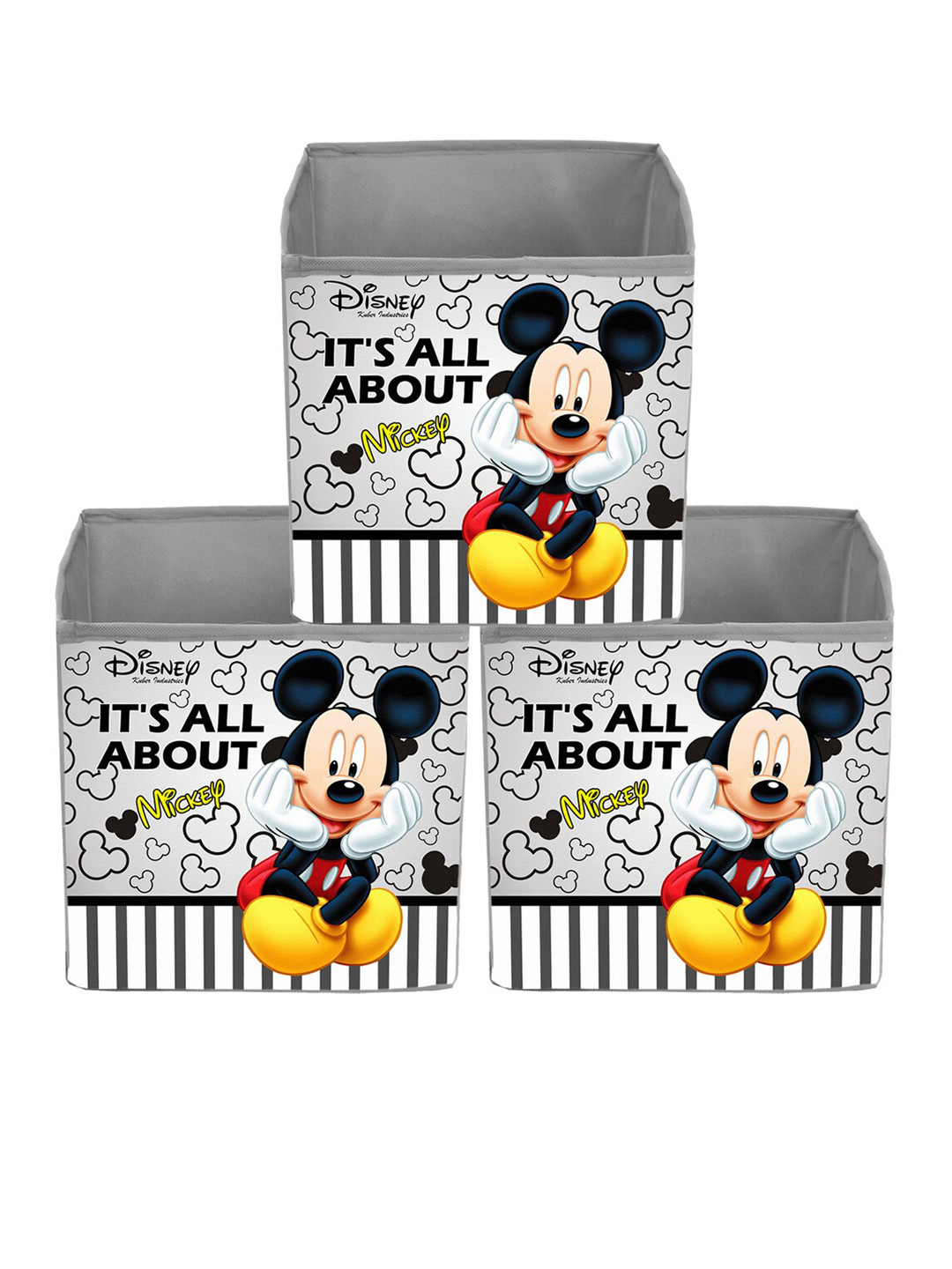 Kuber Industries Set Of 3 Grey & White Disney Micky Print Foldable Organiser Basket With Handles