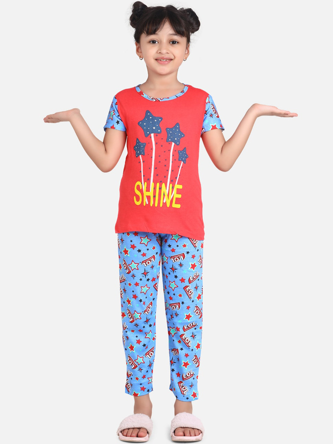StyleStone Girls Red & Blue Printed Night suit