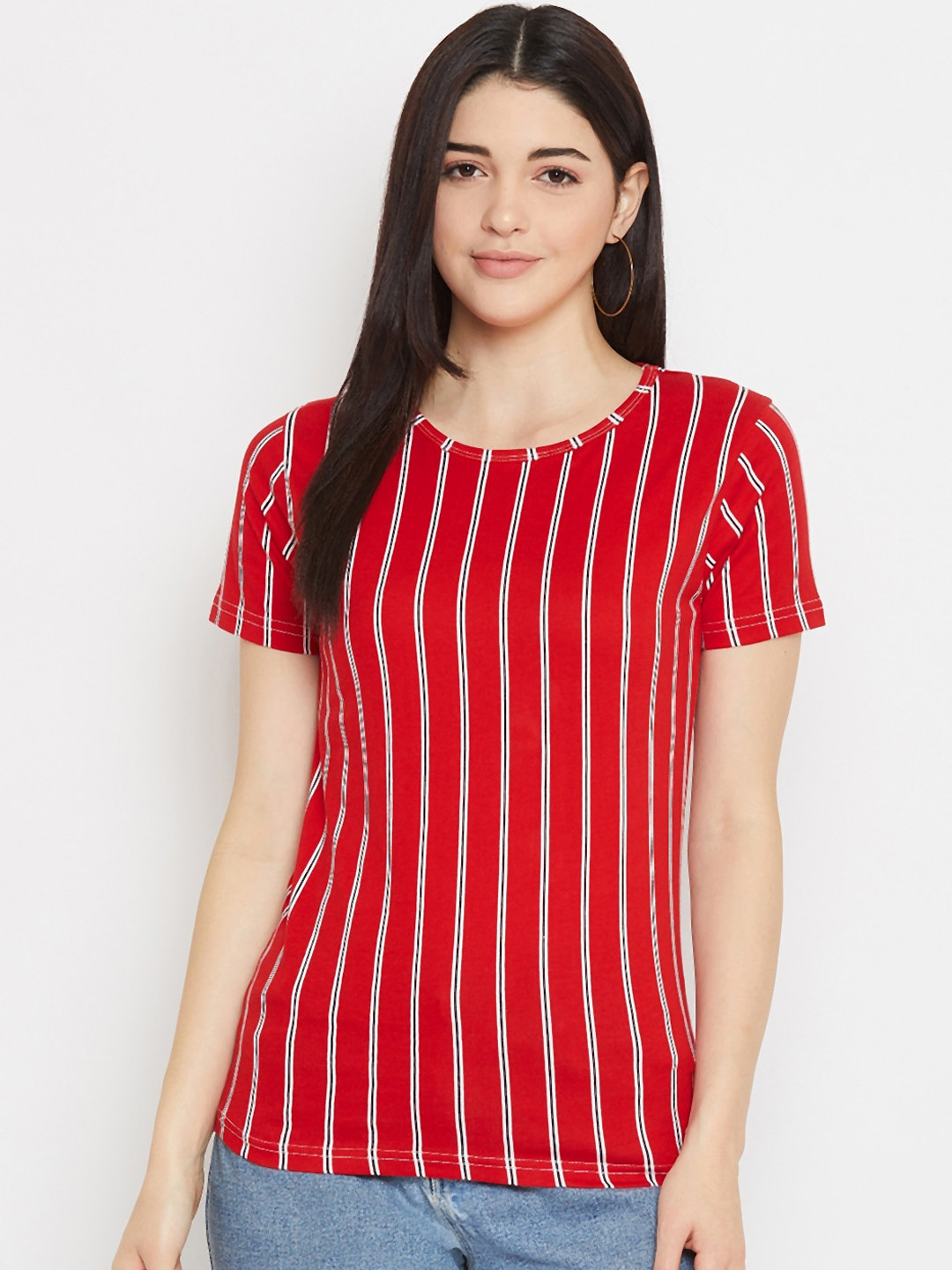 Rodzen Women Red Striped Round Neck T-shirt