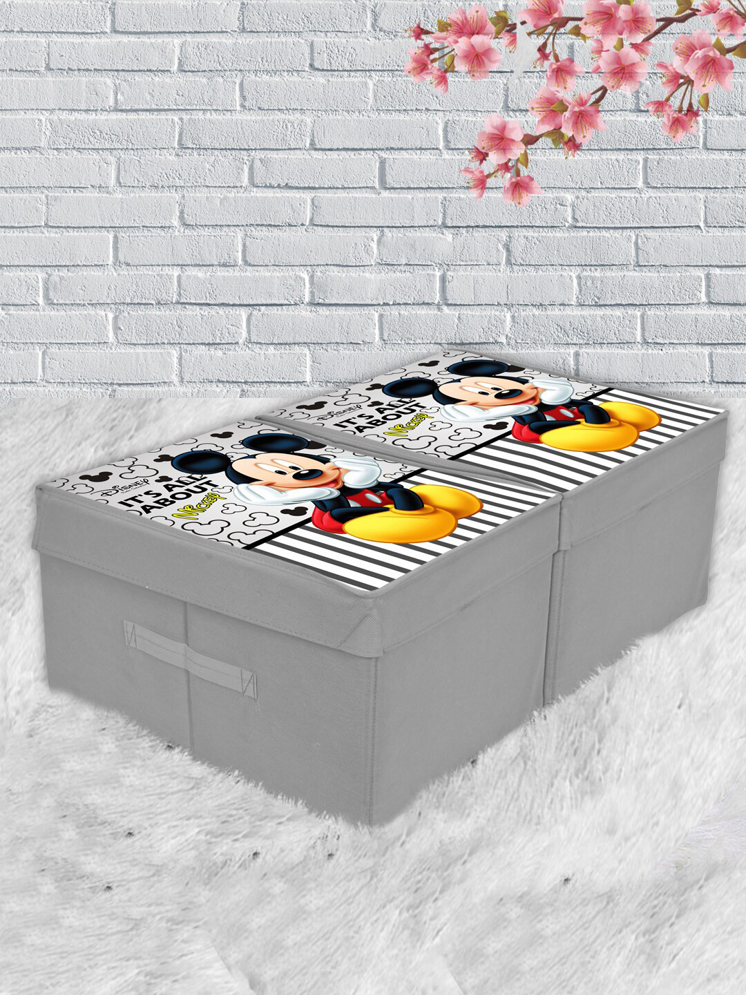 Kuber Industries Set Of 2 Grey & Black Disney Mickey Print Foldable Storage Organizer Box with With Handle & Lid