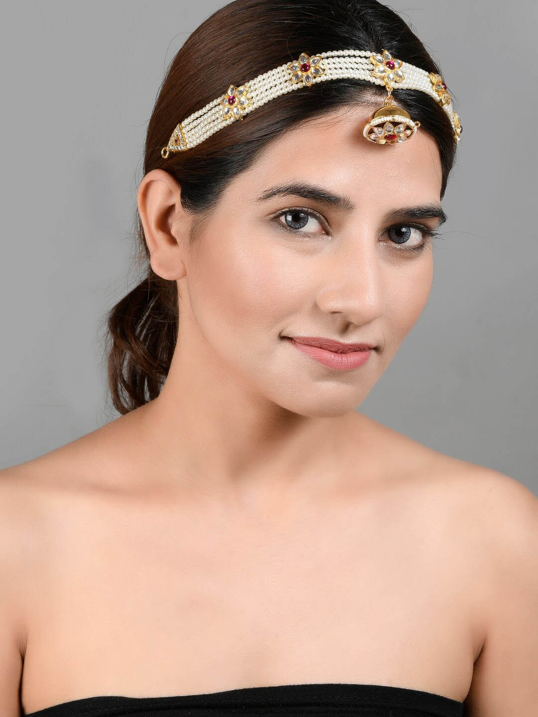 Silvermerc Designs Gold-Plated & White Pearl Studded & Beaded Meenakari Matha Patti