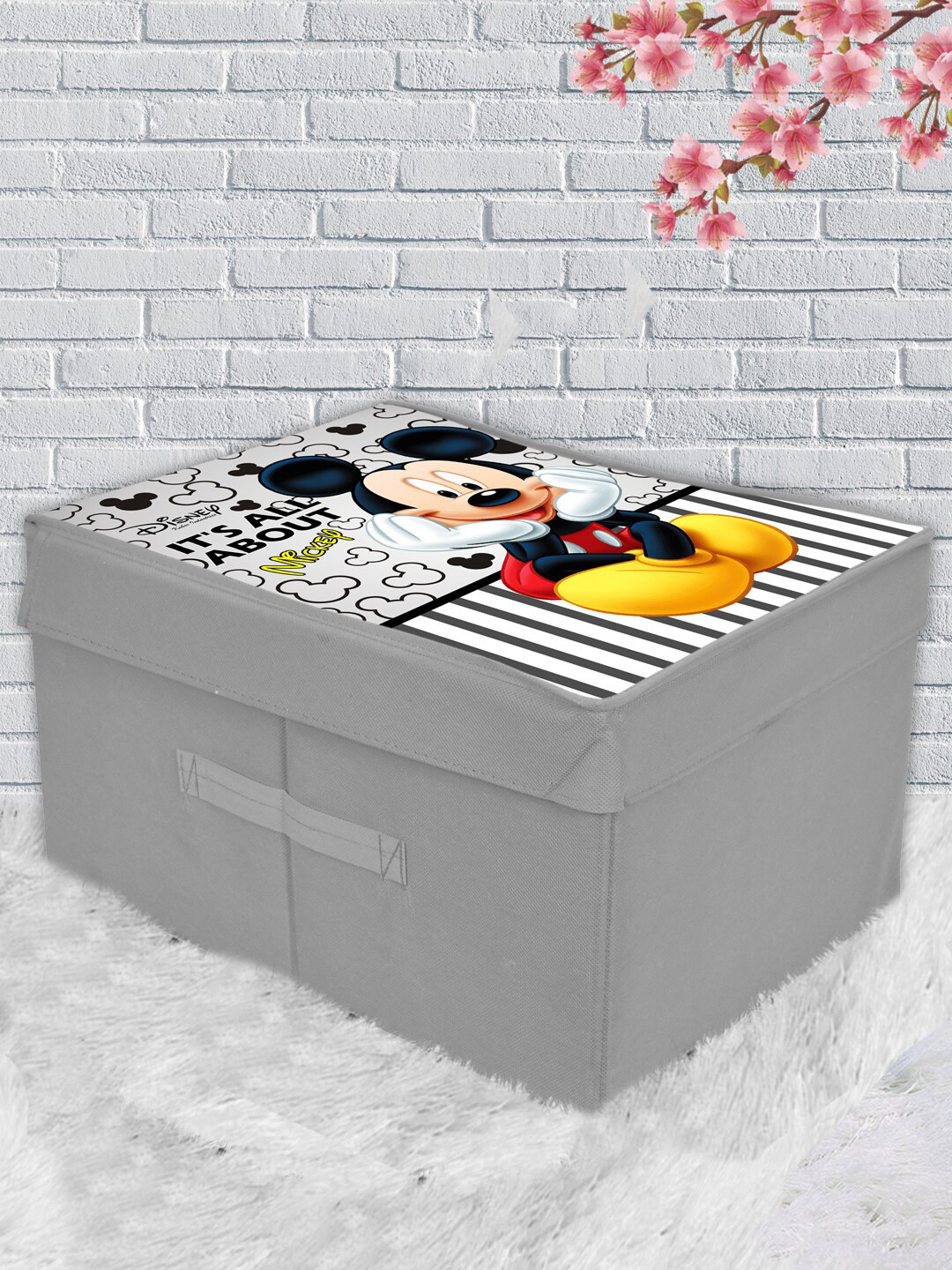 Kuber Industries Grey & Black Disney Mickey Print Foldable Storage Organizer Box With Lid & Handles