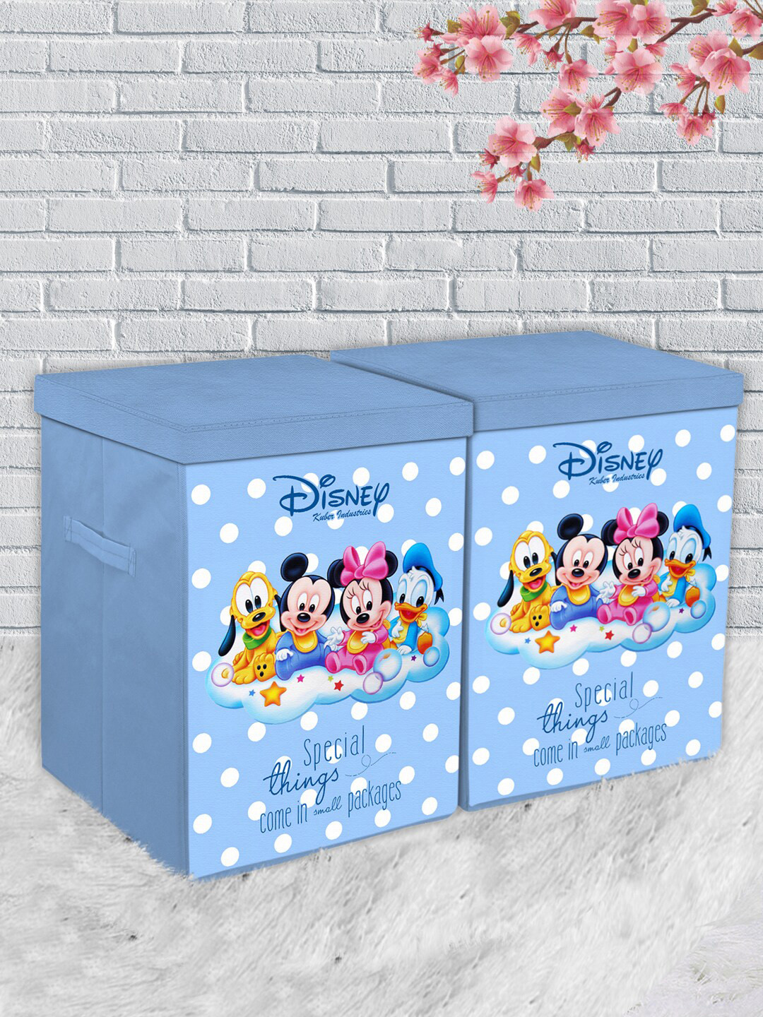 Kuber Industries Set of 2 Blue & White Mickey Printed Foldable Organiser With Lid & Handles
