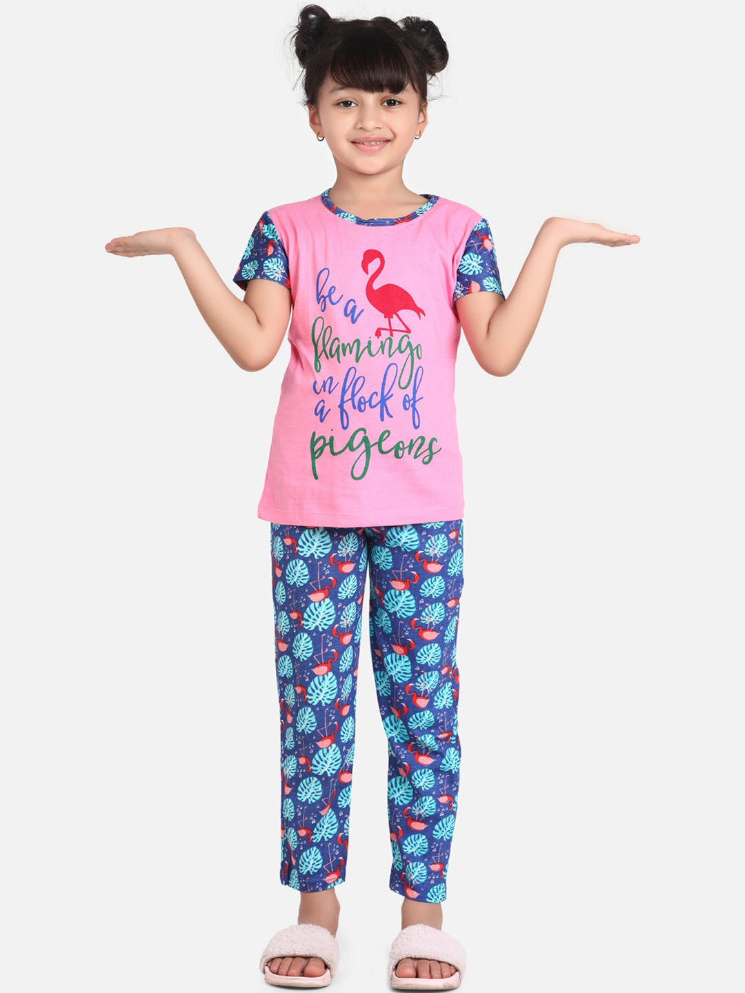 StyleStone Girls Pink & Blue Printed Night Suit