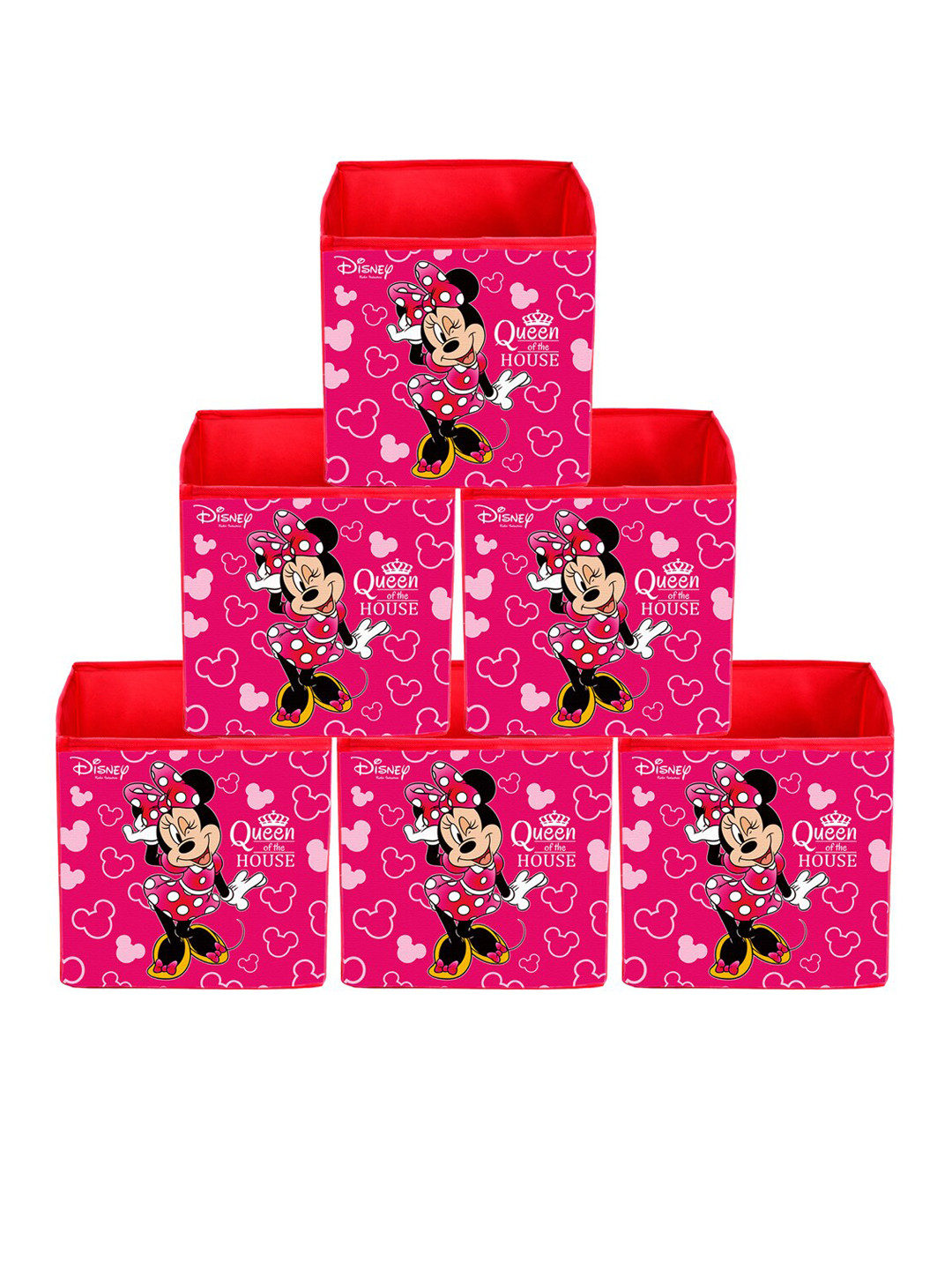 Kuber Industries Set Of 6 Fuchsia Pink & Black Disney Minnie Print Extra Large Foldable Storage Cube With Handle