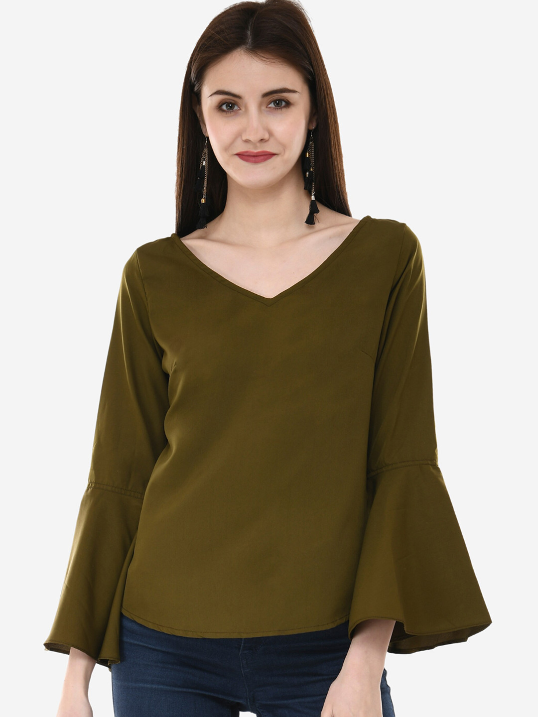V&M Olive Green Bell Sleeves Crepe Top