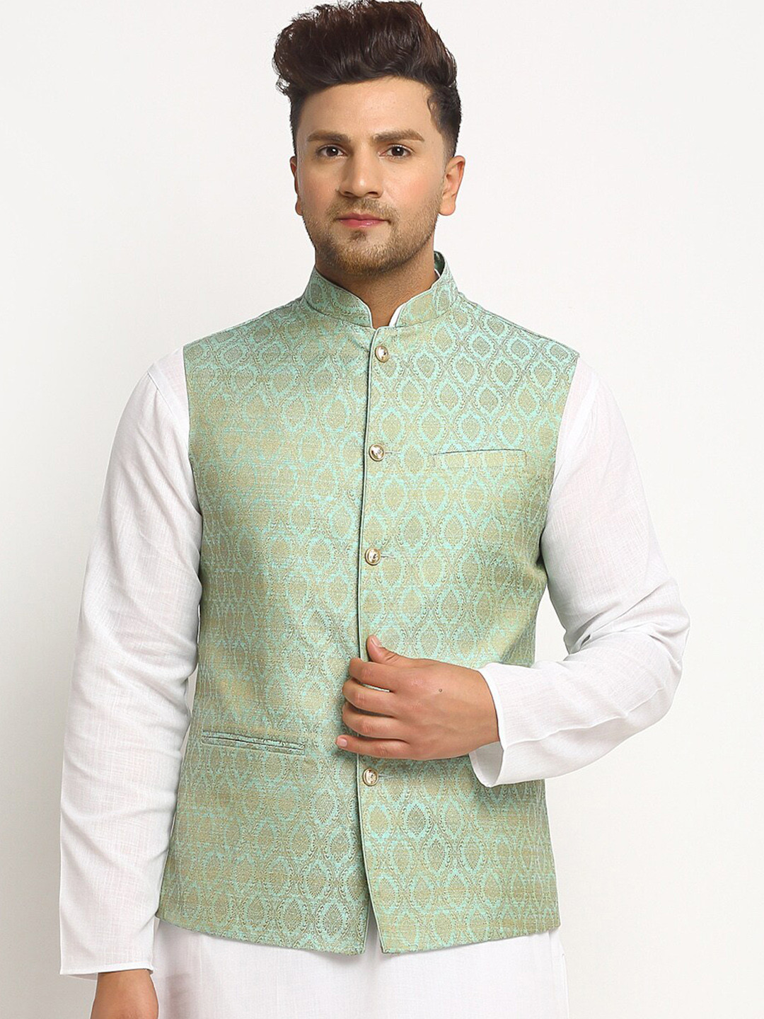 TREEMODA Men Sea Green & Gold-Coloured Woven Brocade Nehru Jacket