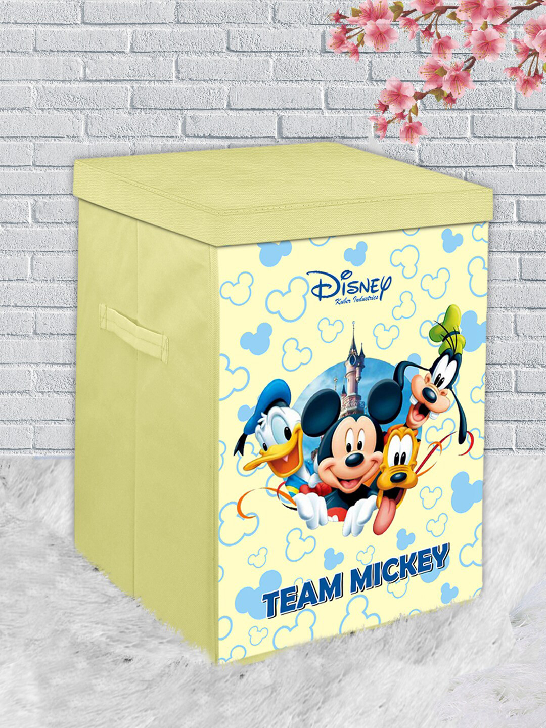 Kuber Industries Cream Coloured & Blue Printed Foldable Laundry Basket With Lid & Handles