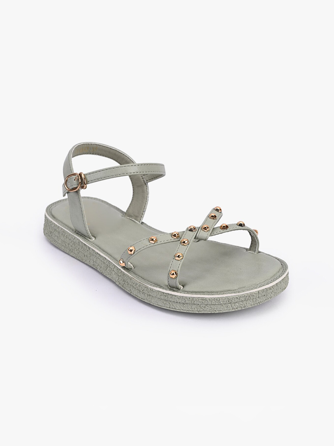 BuckleUp Women Green Textured Synthetic Patent Open Toe Flats