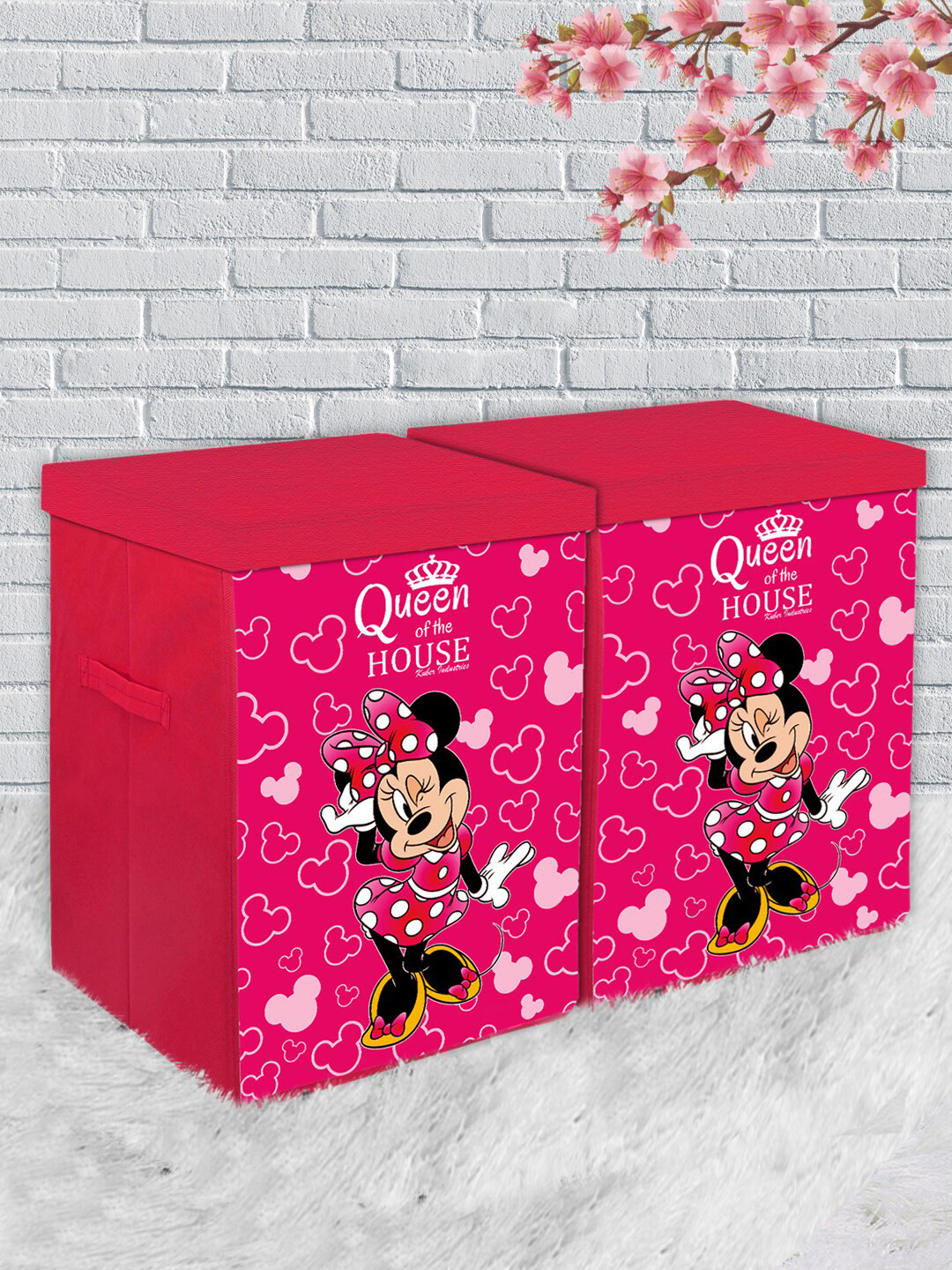 Kuber Industries Set Of 2 Fuchsia Pink & Black Disney Minnie Print Foldable Organiser Basket With Lid & Handles