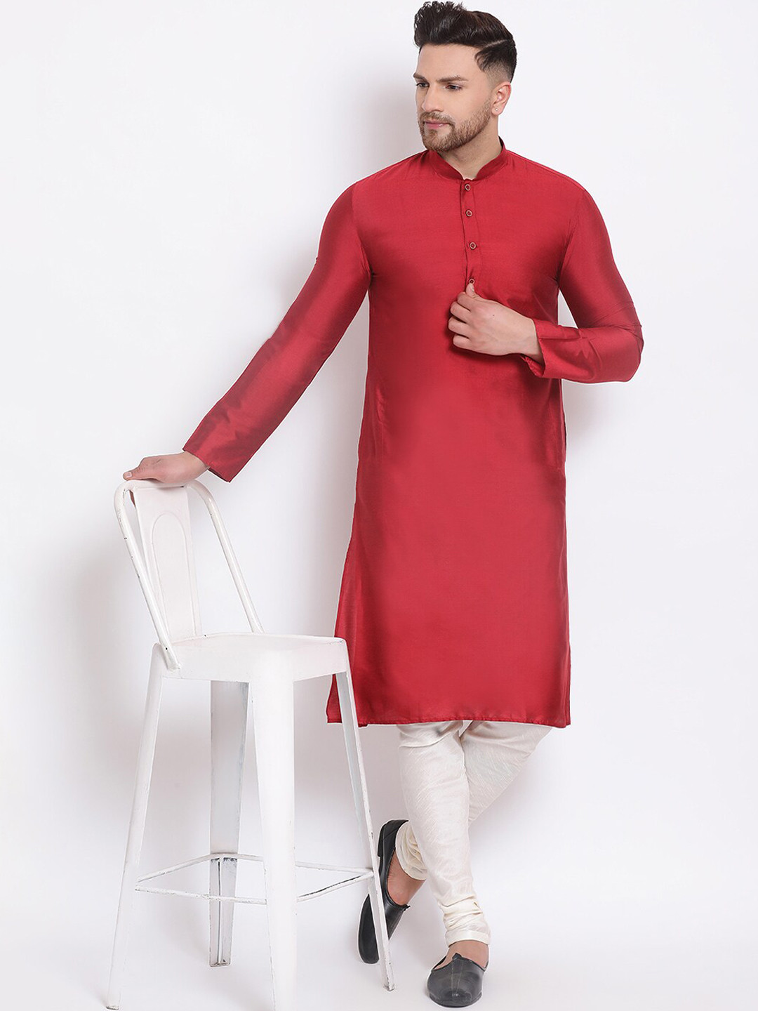 Sanwara Men Maroon & Cream-Coloured Solid Kurta with Churidar