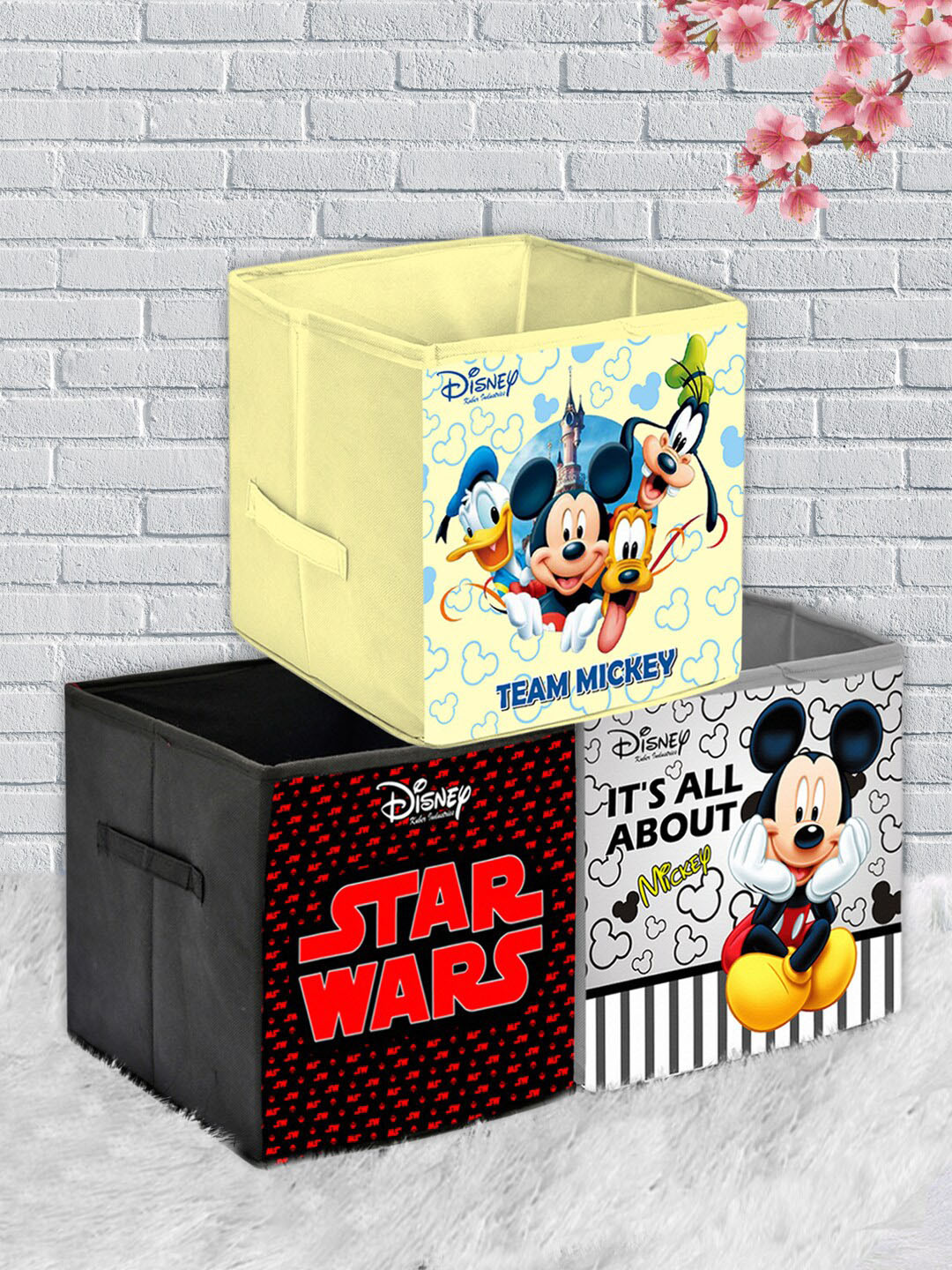 Kuber Industries Set Of 3 Disney Print Foldable Storage Cubes With Handle