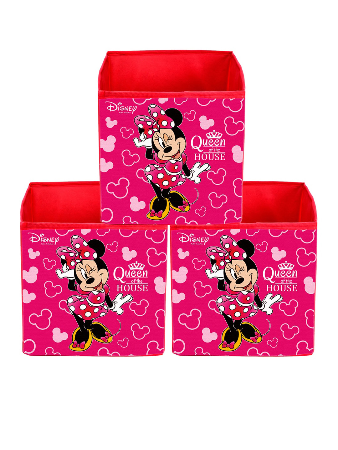 Kuber Industries Set Of 3 Pink & Black Disney Minnie Print Extra Large Foldable Storage Cube With Handle