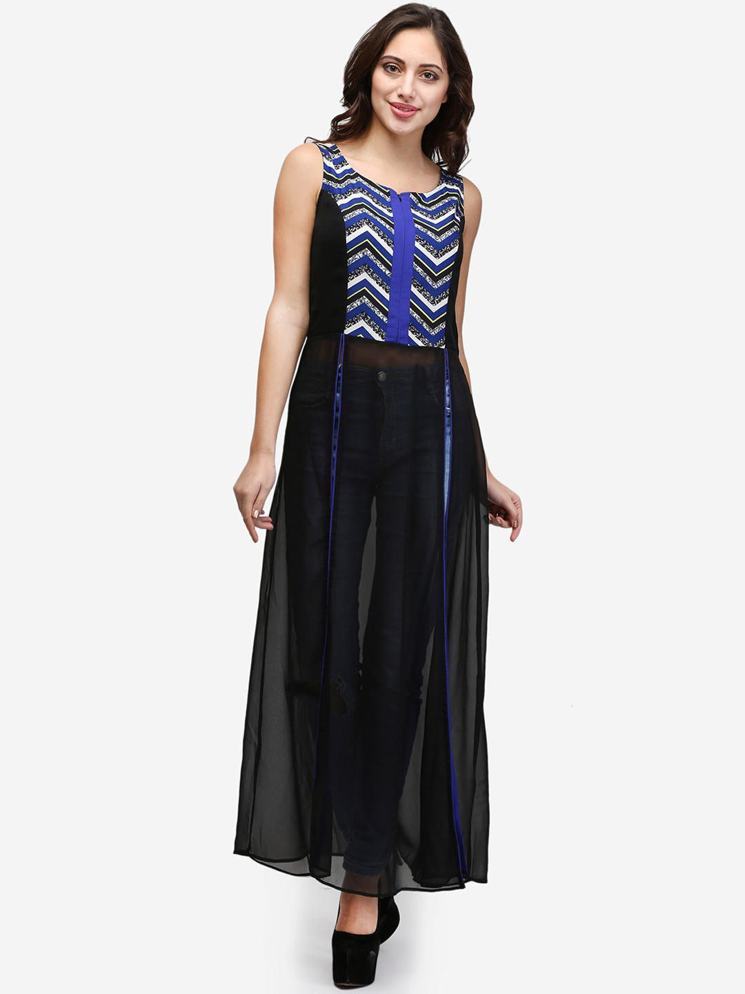V&m Black & Blue Geometric Printed Georgette Maxi Longline Top