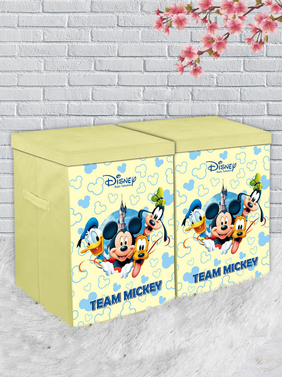 Kuber Industries Set Of 2 Cream-Coloured & Blue Disney Micky Print Foldable Organiser Baskets With Lid & Handles