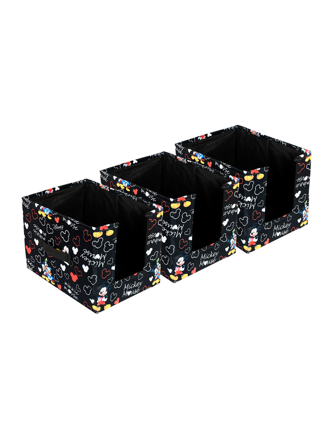 Kuber Industries Set Of 3 Black & White Disney Mickey Print Foldable Cloth Storage Boxes With Handle