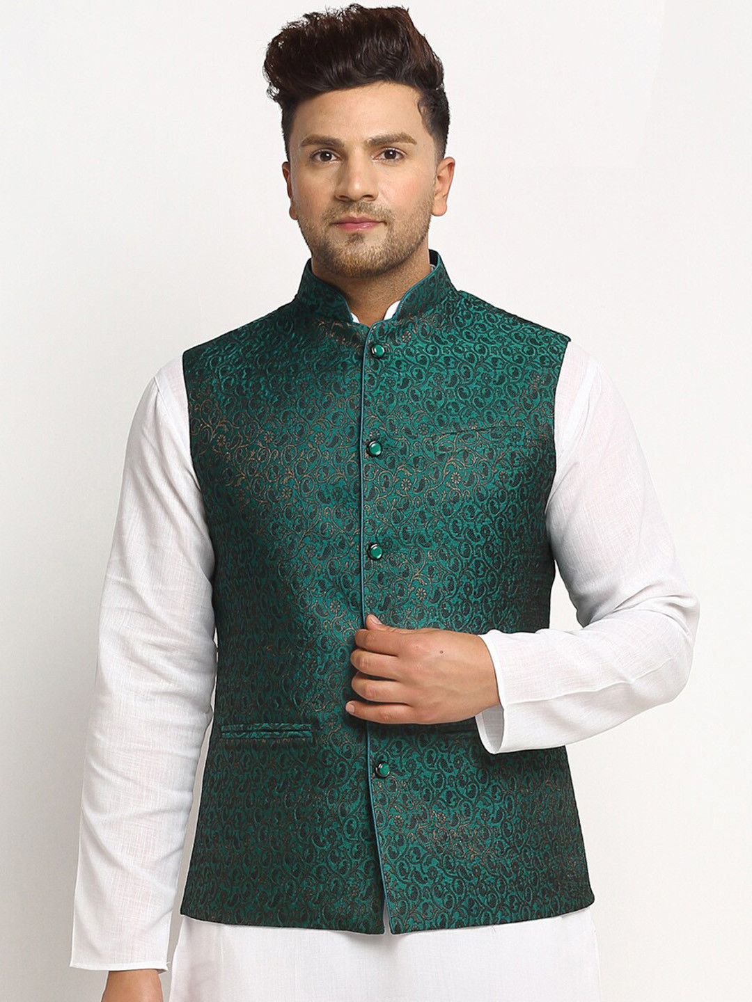 TREEMODA Men Green & Black Embellished Brocade Nehru Jacket