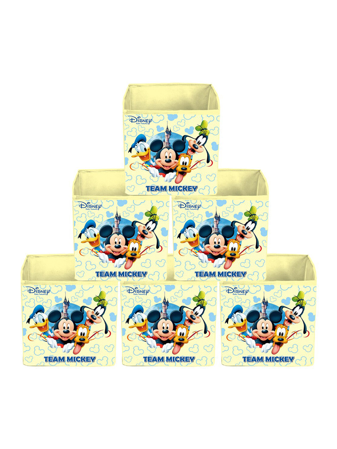 Kuber Industries Set Of 6 Yellow & Blue Disney Team Mickey Printed Foldable Extra Large Storage Cube Organisers