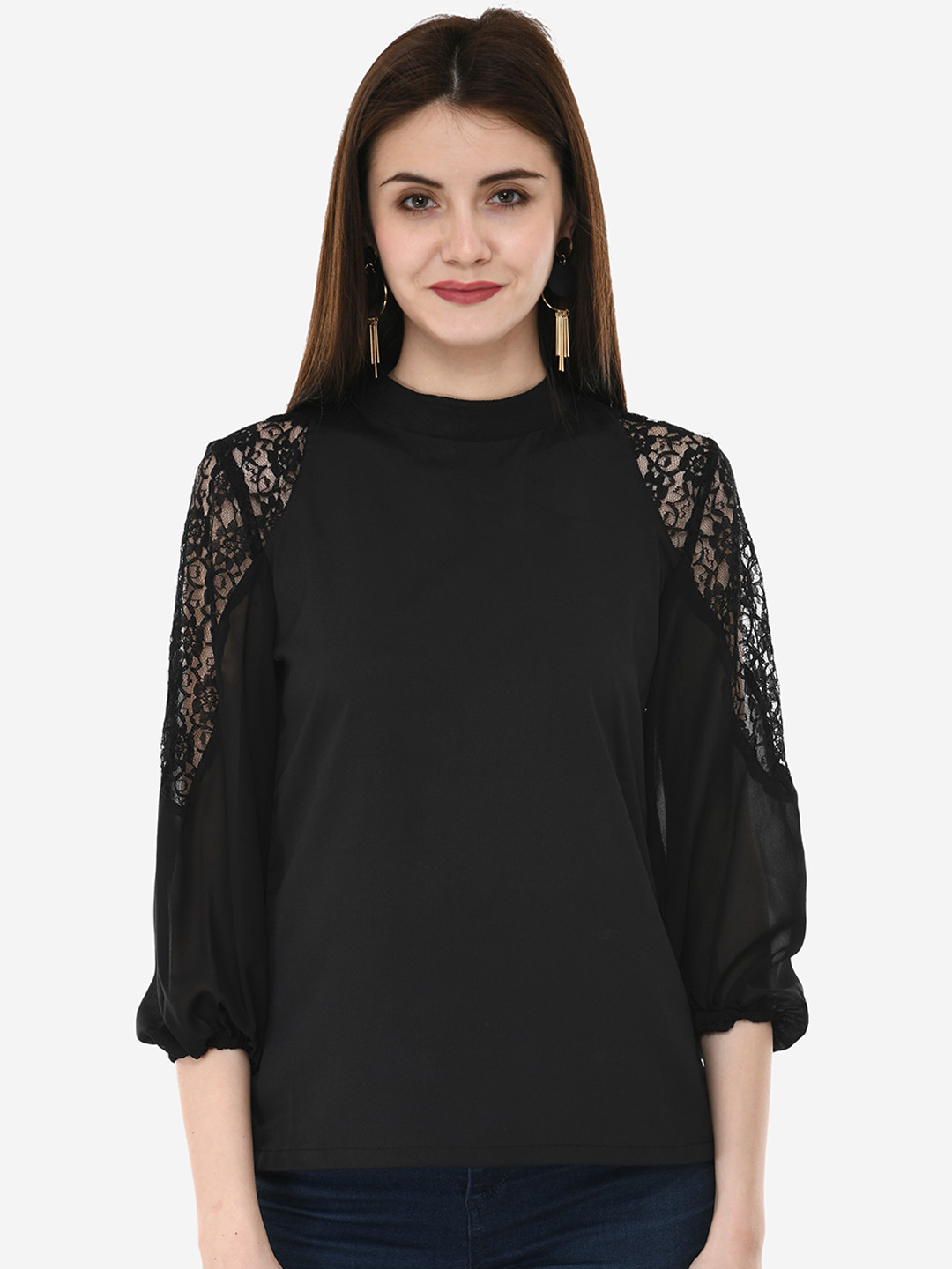 V&M Black Bishop Sleeves Crepe Regular Top