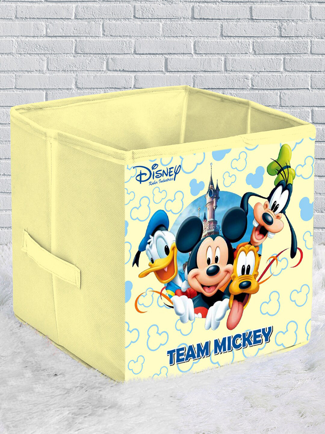 Kuber Industries Cream-Colour & Blue Mickey Print Foldable Extra Large Storage Cube With Handle