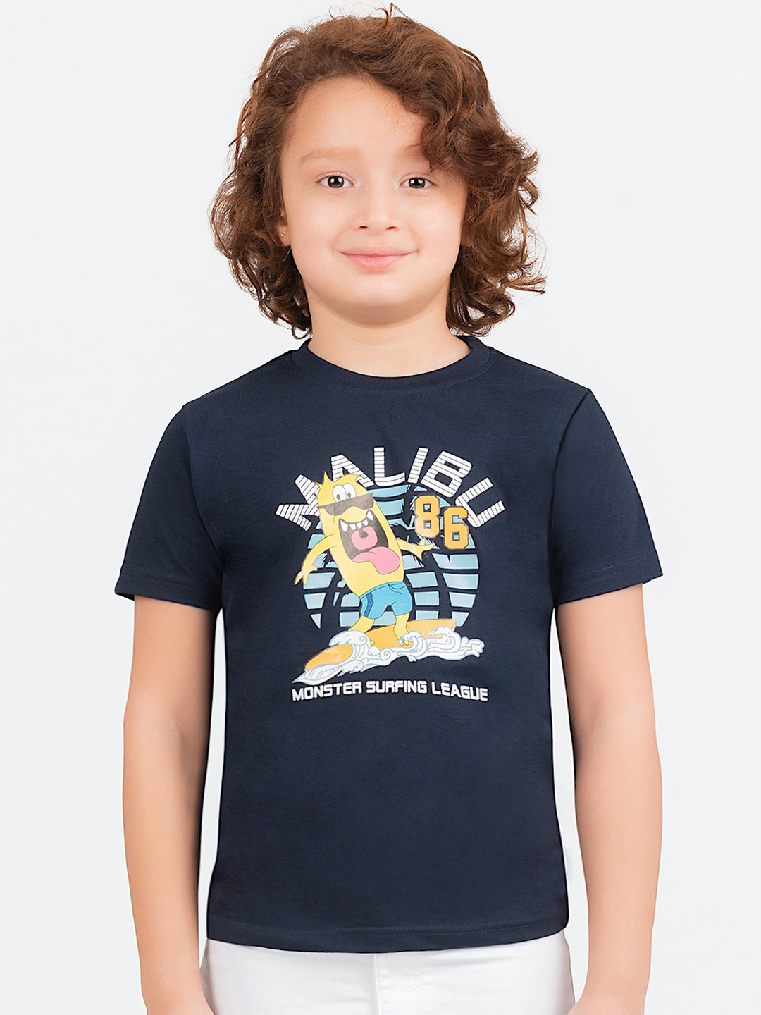 KIDKLO Boys Navy Blue Spongebob Printed Round Neck T-shirt