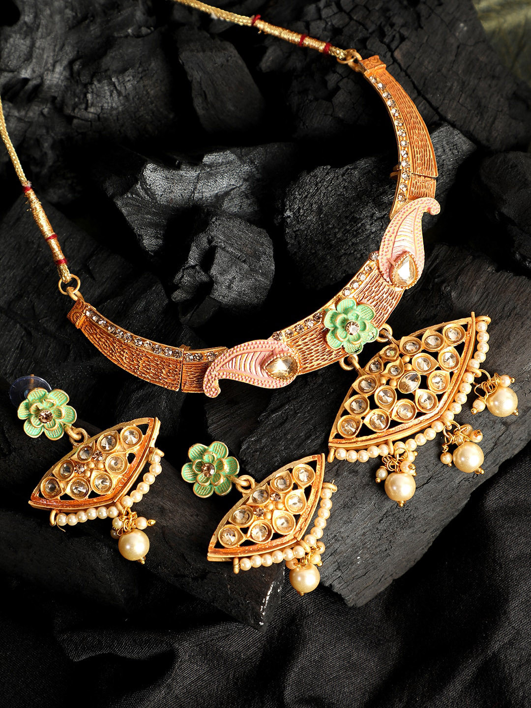ANIKAS CREATION Gold-Plated Peach-Colored & Sea Green Kundan-Studded Pearls Enamelled Traditional Jewellery Set