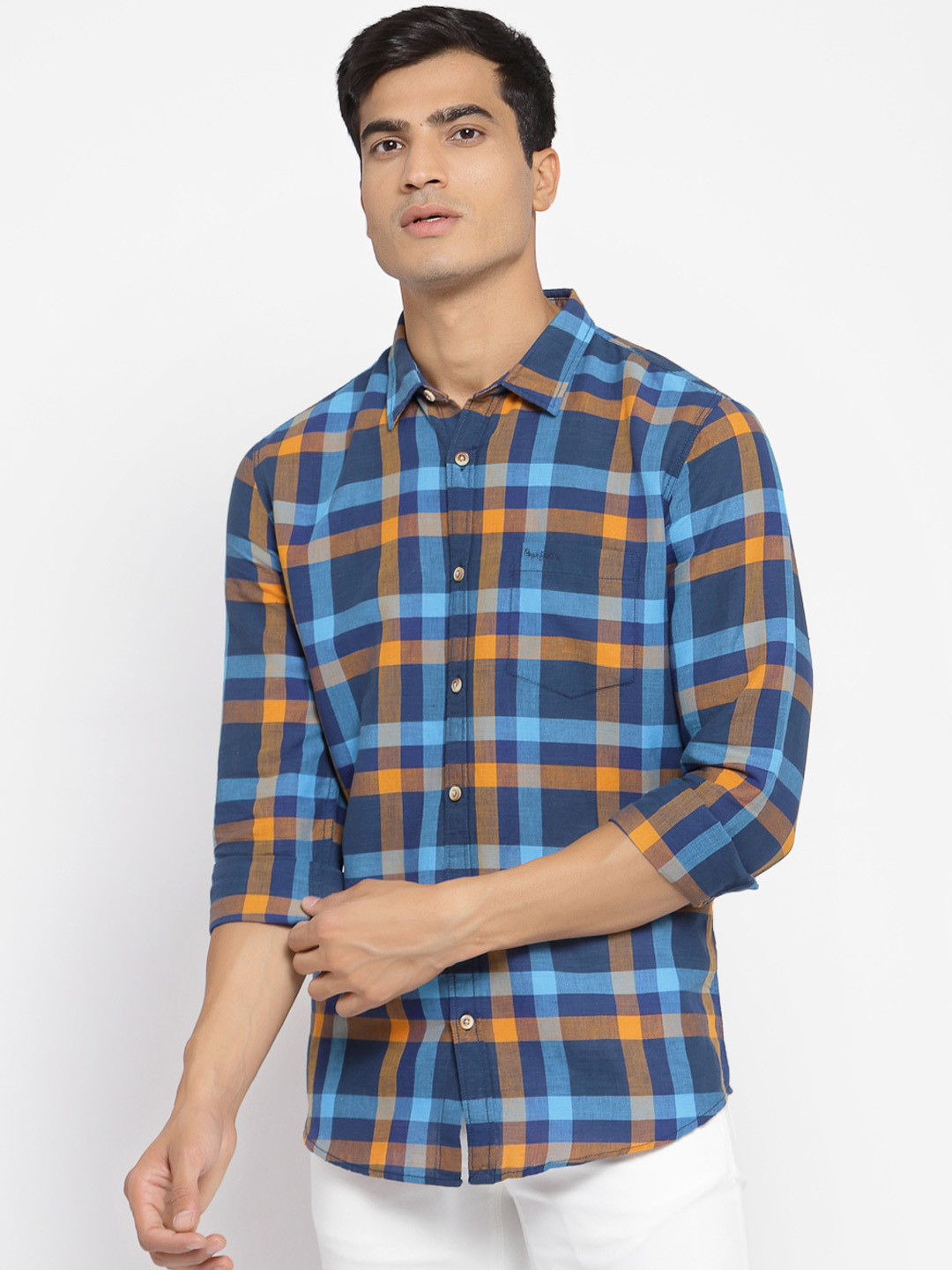 Pepe Jeans Men Blue Regular Fit Checked Casual Shirt