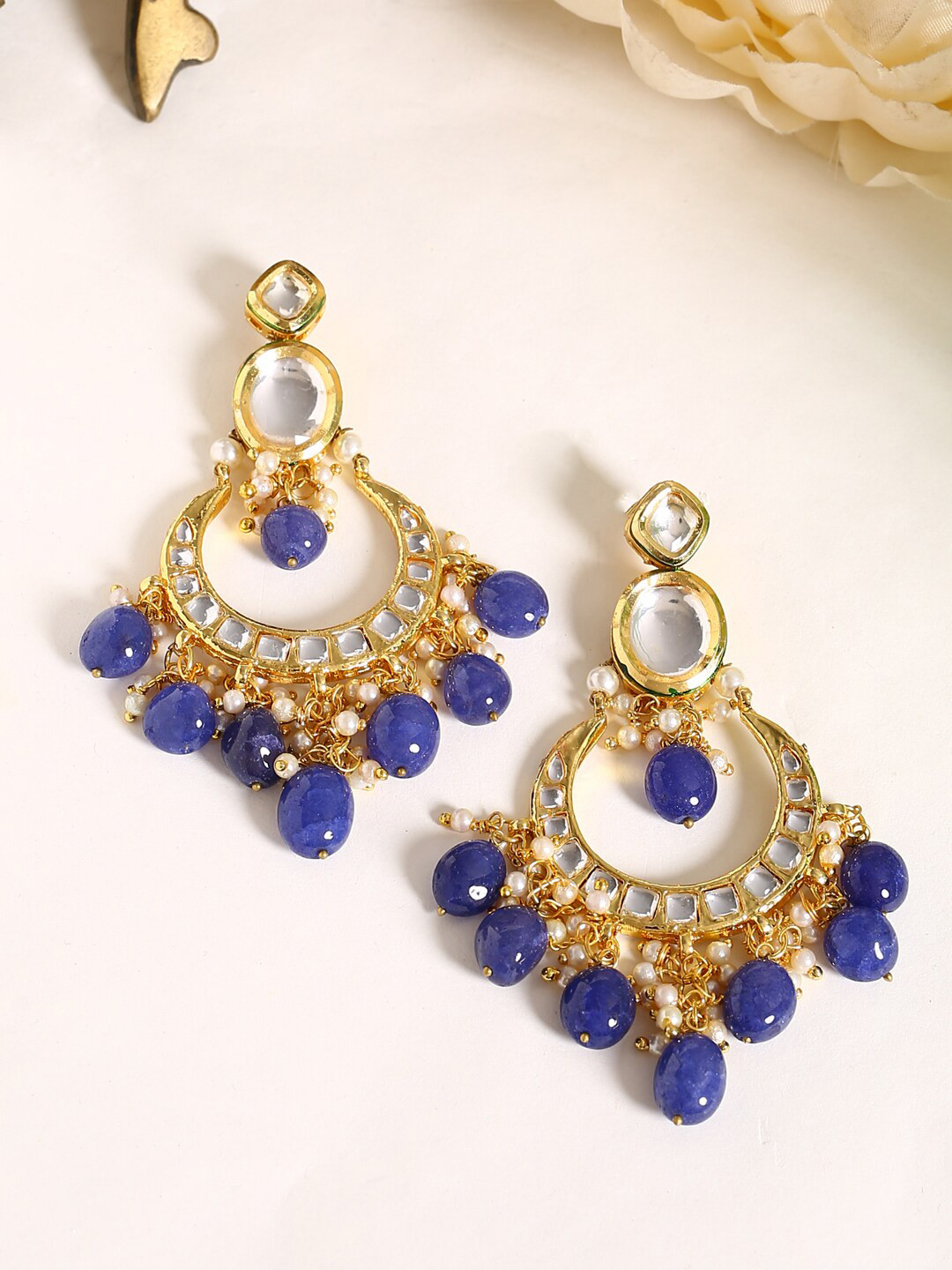 Shoshaa Gold-Plated & Navy Blue Crescent Shaped Chandbalis