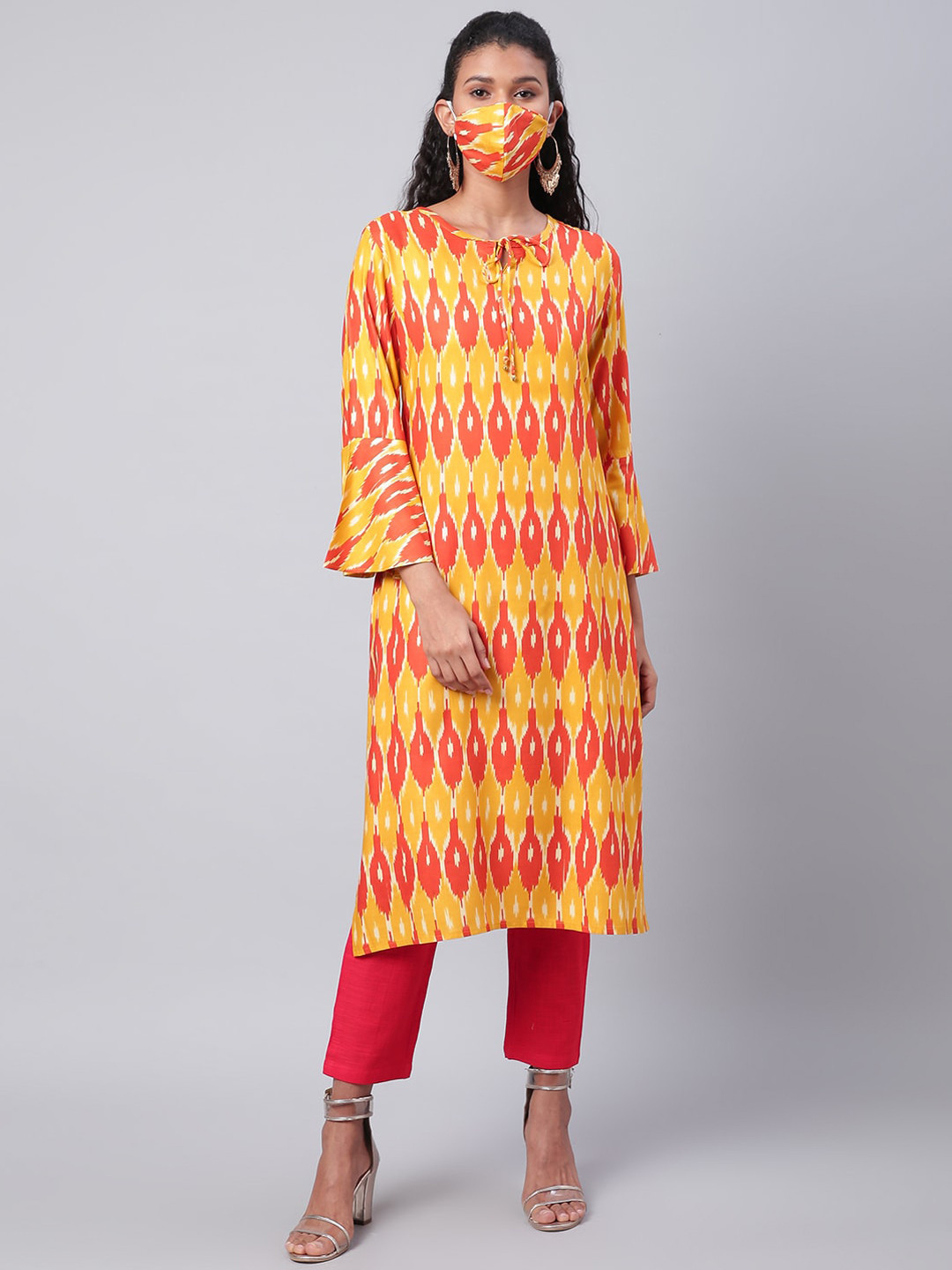 Sringam Women Yellow Printed Bell Sleeves Kurta With Mask