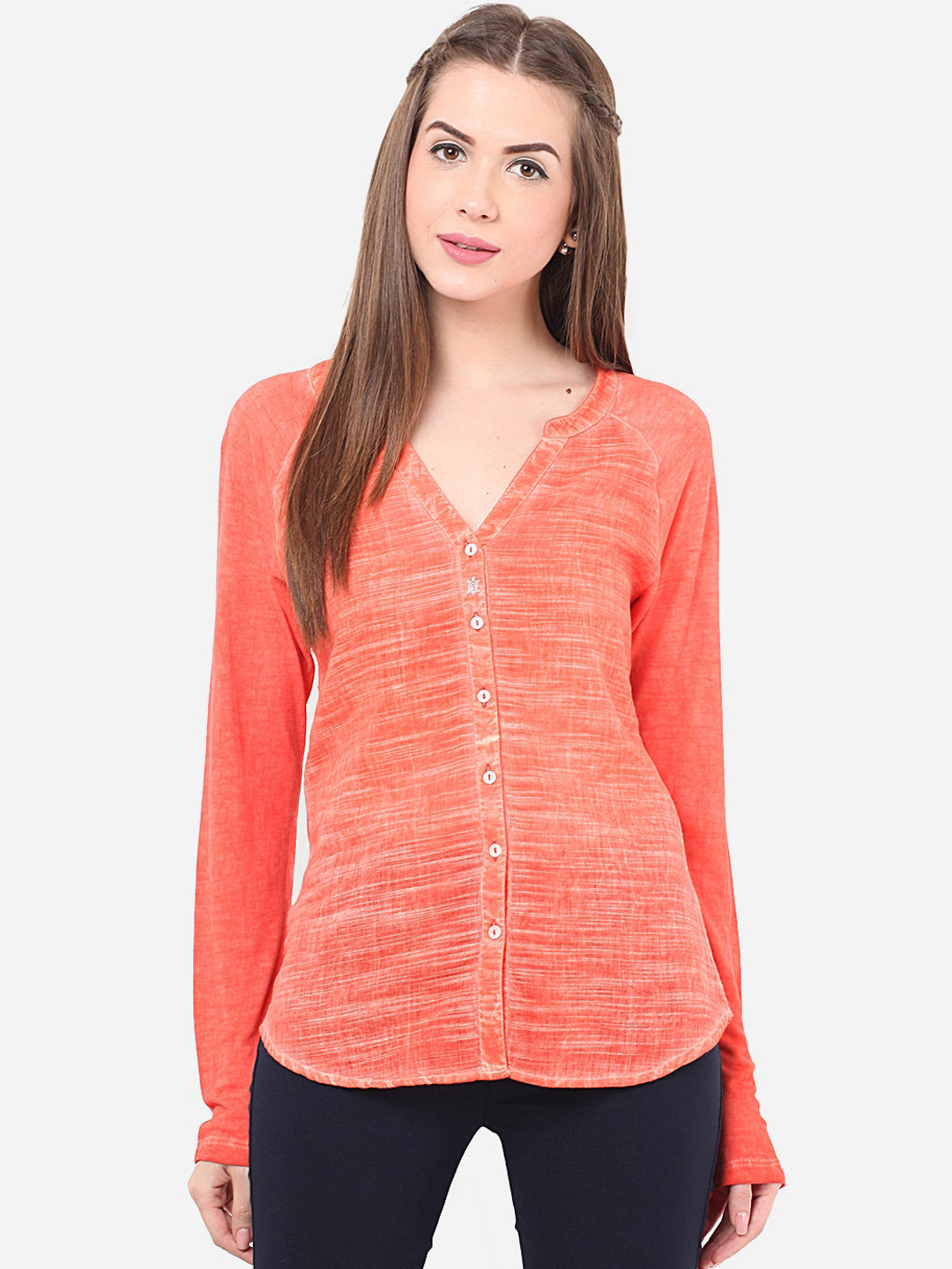 Porsorte Women Coral Regular Fit Solid Casual Shirt