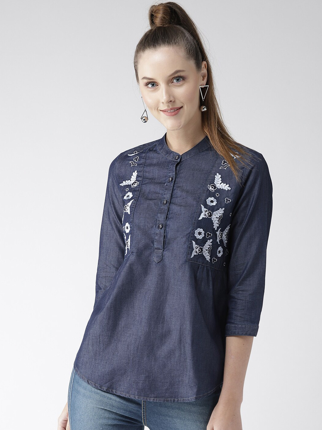 Xpose Blue Mandarin Collar Indigo Pure Cotton Denim Regular Top