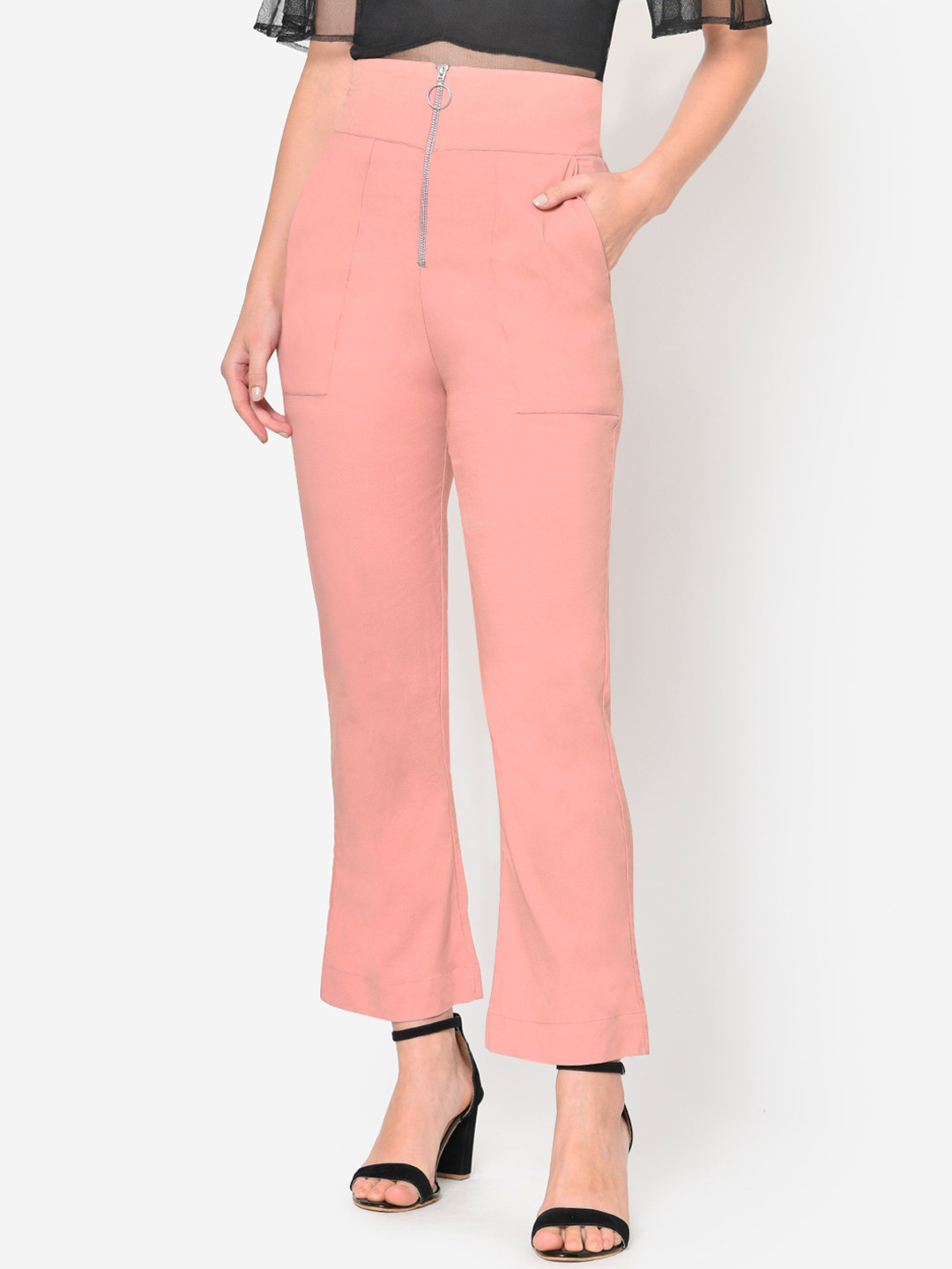 Martini Women Peach-Coloured Flared Solid Bootcut Trousers