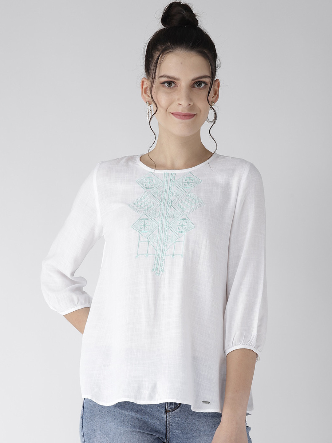 Xpose White & Blue Geometric Embroidered Regular Top