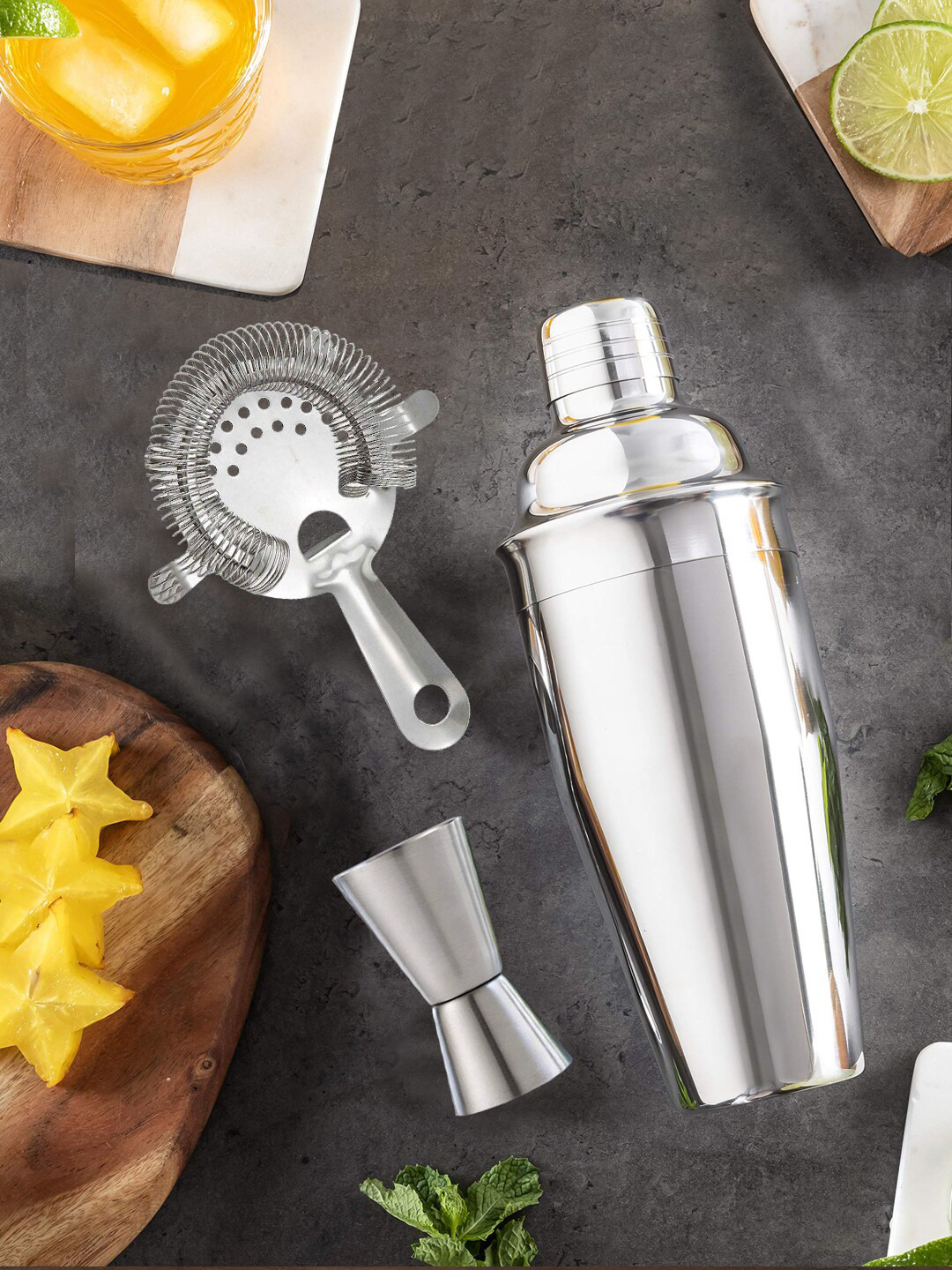 INCRIZMA Set of 3 Silver-Toned Stainless Steel Cocktail Set