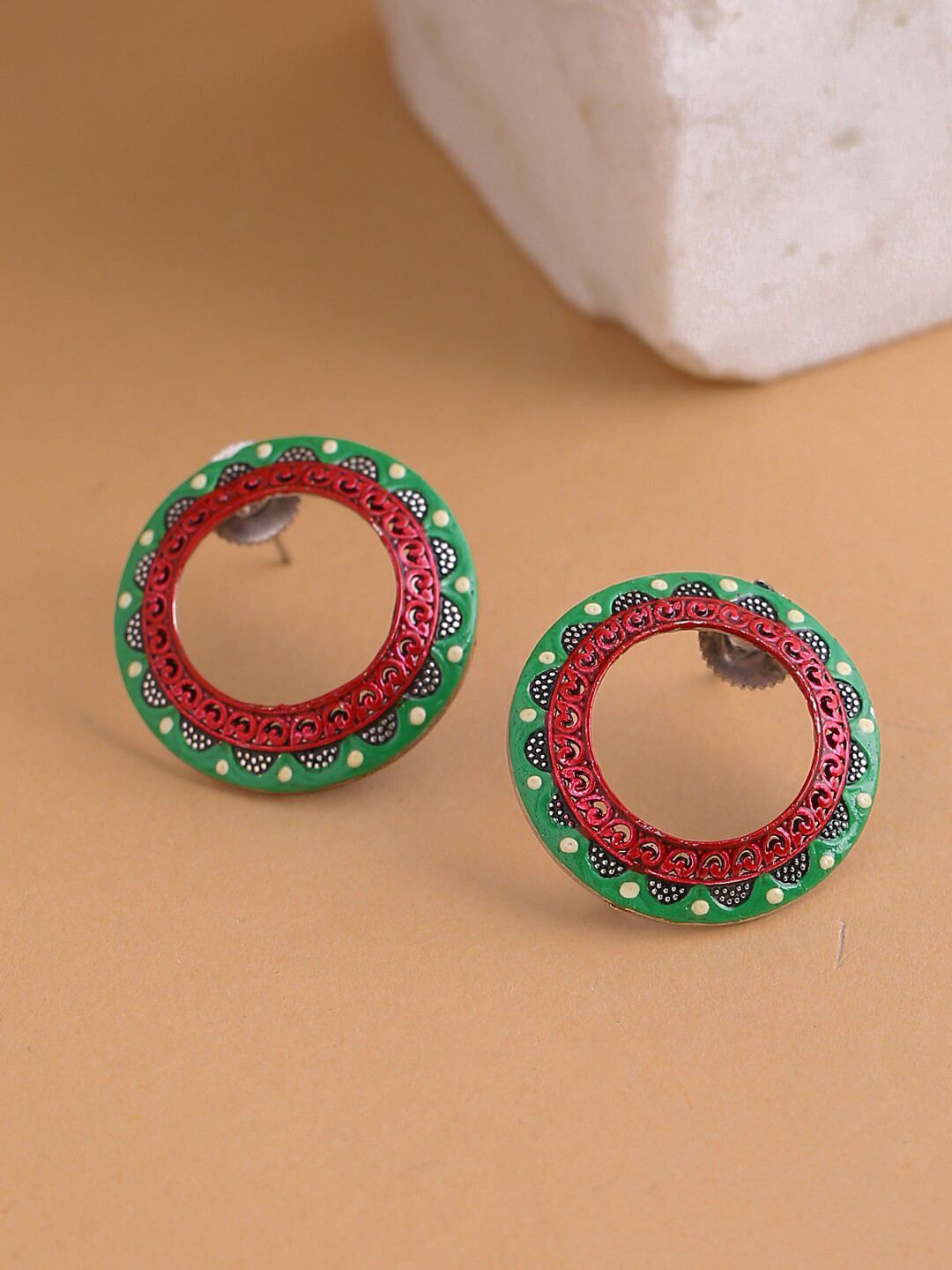 Shoshaa Silver-Plated Red & Green Enamelled Circular Drop earring