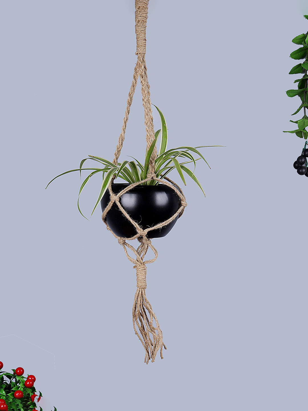 Homesake Set of 2 Black & Beige Hanging Macrmae Planters With Metal Pots
