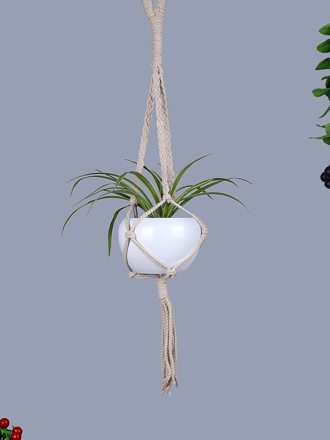 Homesake Set of 2 White Hand-Woven Hanging Macrmae Planters with Metal Pots