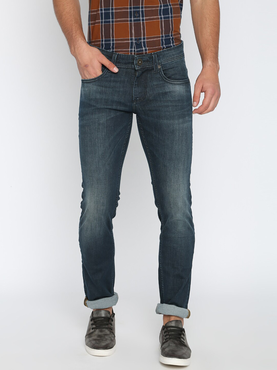 Basics Men Blue & Olive Green Skinny Fit Low-Rise Clean Look Jeans