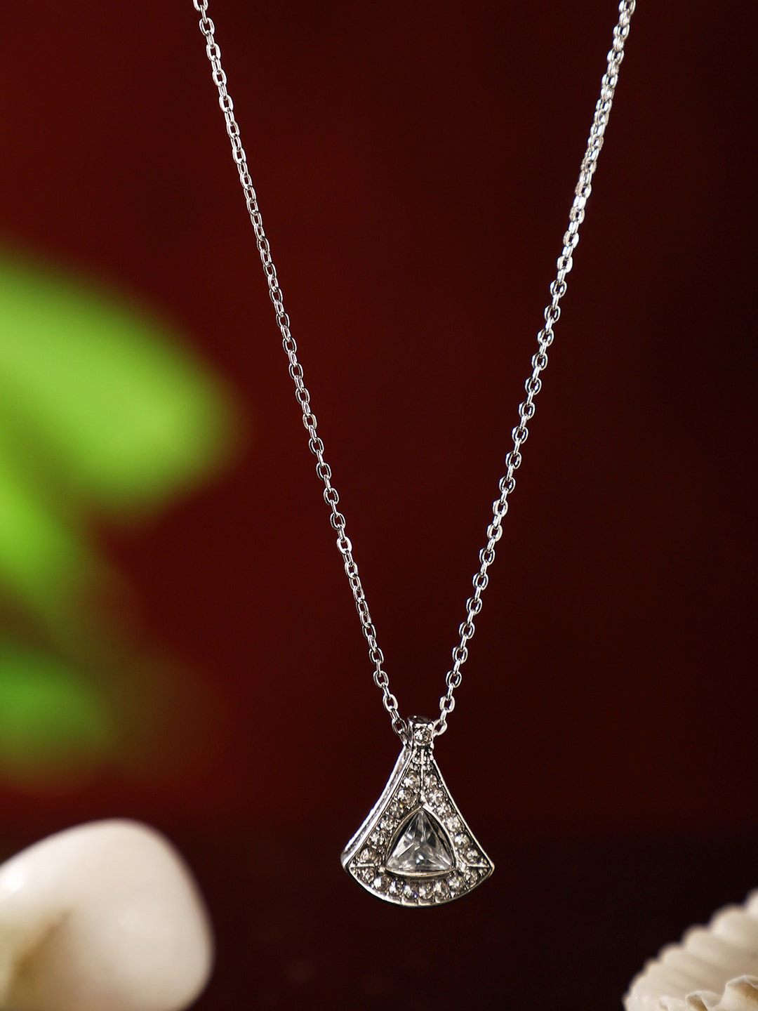 ANIKAS CREATION Silver-Plated White AD-Studded Light Weight Pendant With Chain