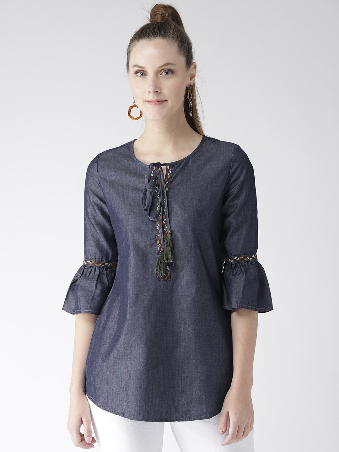 Xpose Blue Tie-Up Neck Bell Sleeves Pure Cotton Regular Top