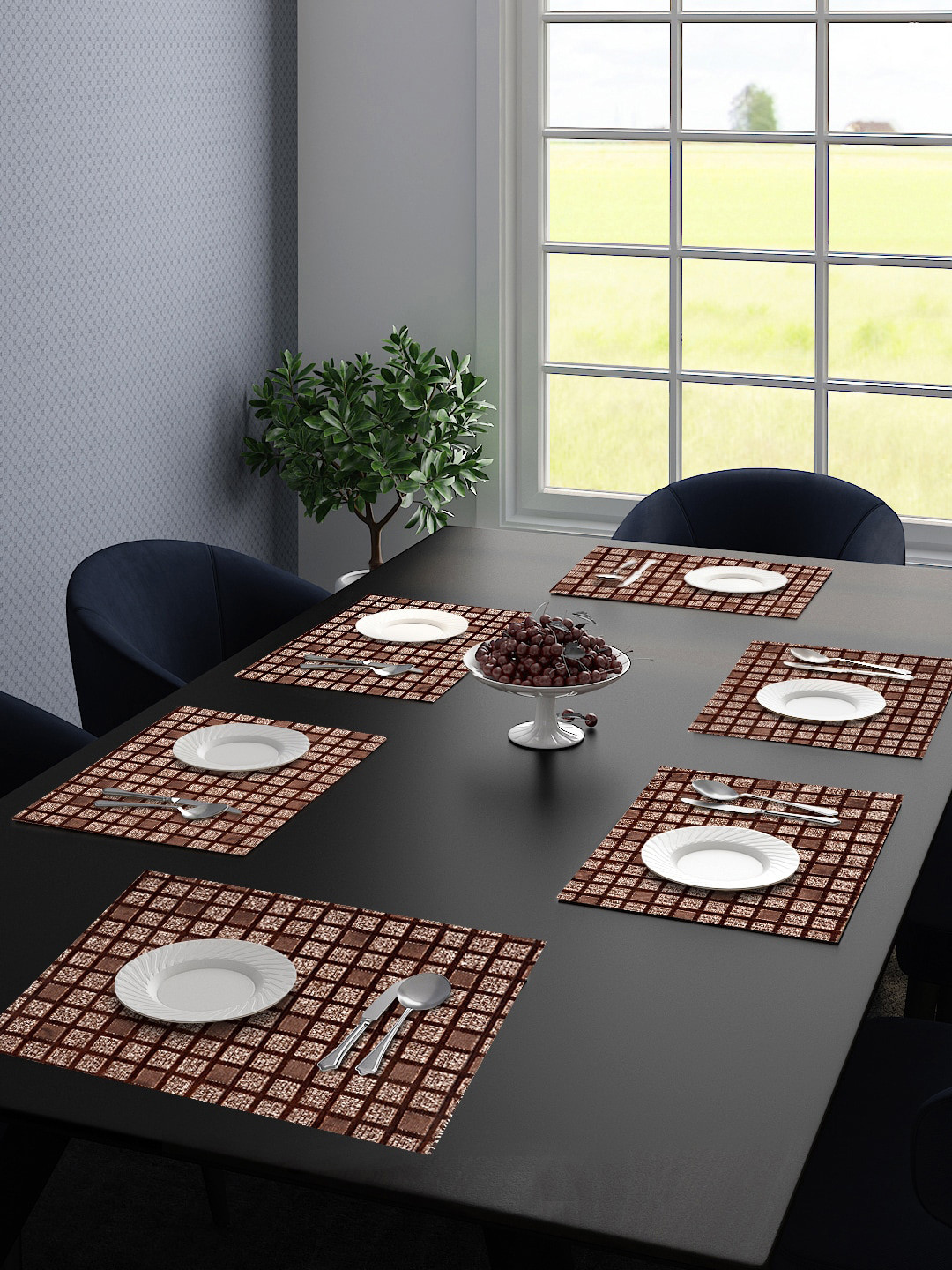 Saral Home Set Of 6 Beige & Brown Checked Table Placemats