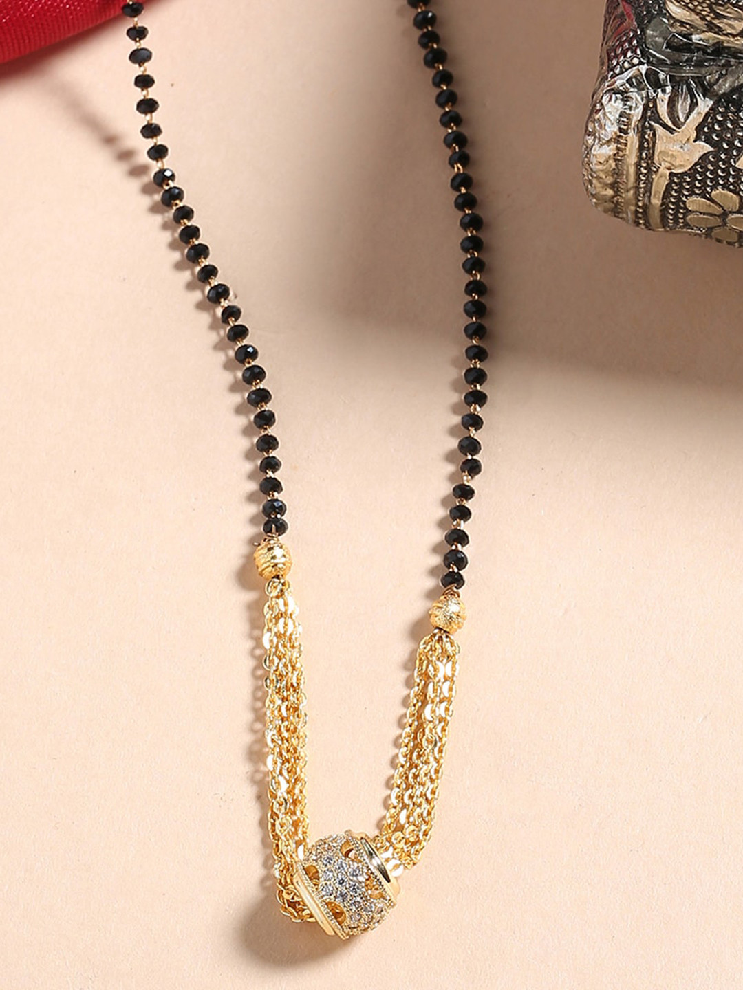 Shoshaa Gold-Plated Black Beaded & White Stone-Studded Mangalsutra