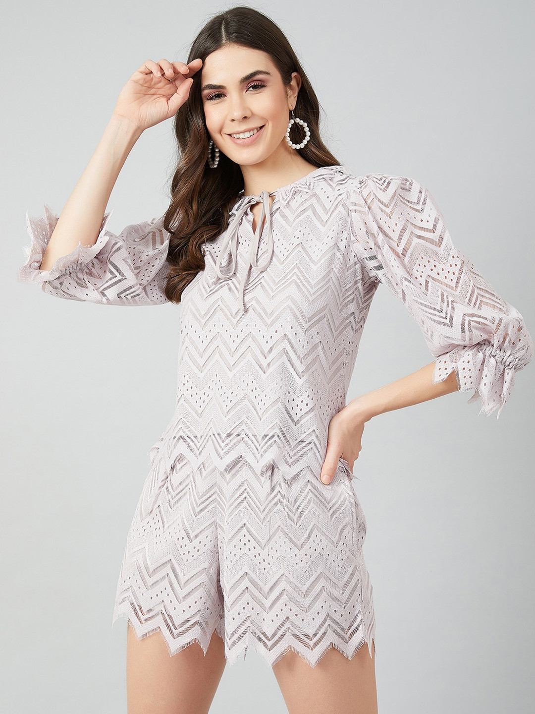 Athena Grey Tie-Up Neck Puff Sleeves Lace Regular Top