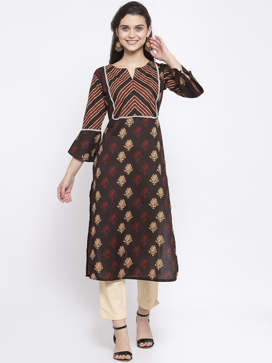 Indibelle Women Coffee Brown Ethnic Motifs Printed Bell Sleeves Kurta