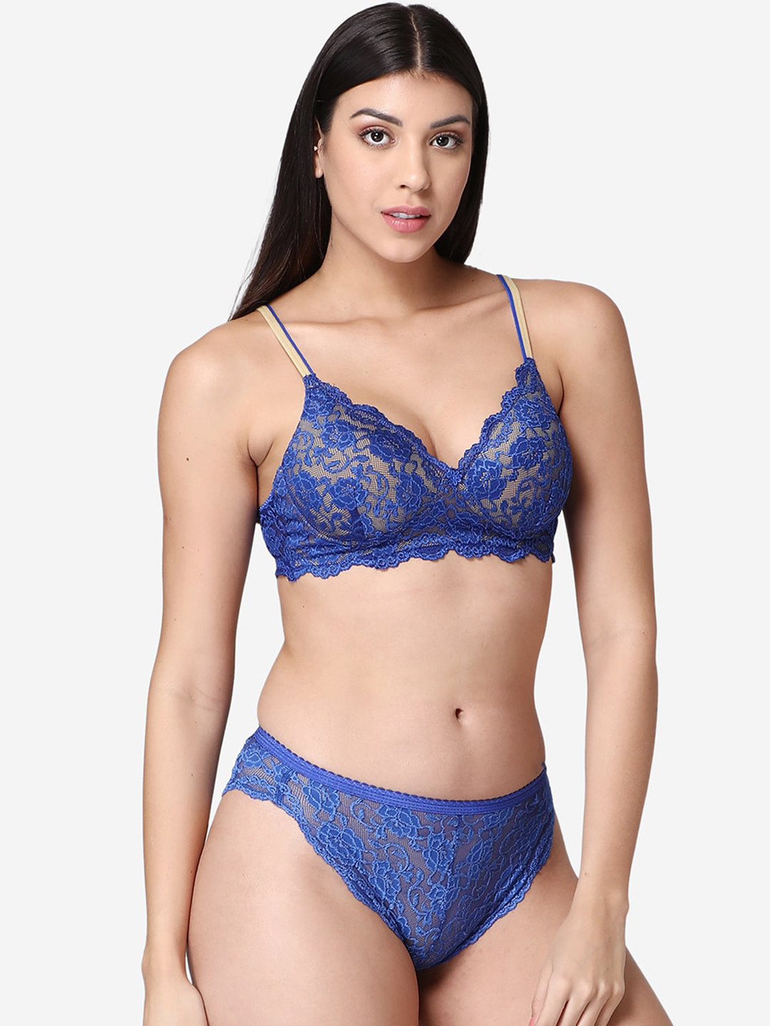 ABELINO Women Blue Lace Padded Bridal Lingerie Set SETLEO