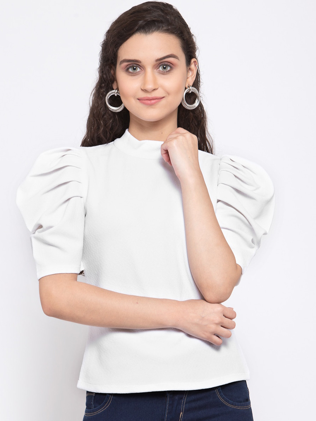 Zastraa White Solid Top with Puff-Sleeves