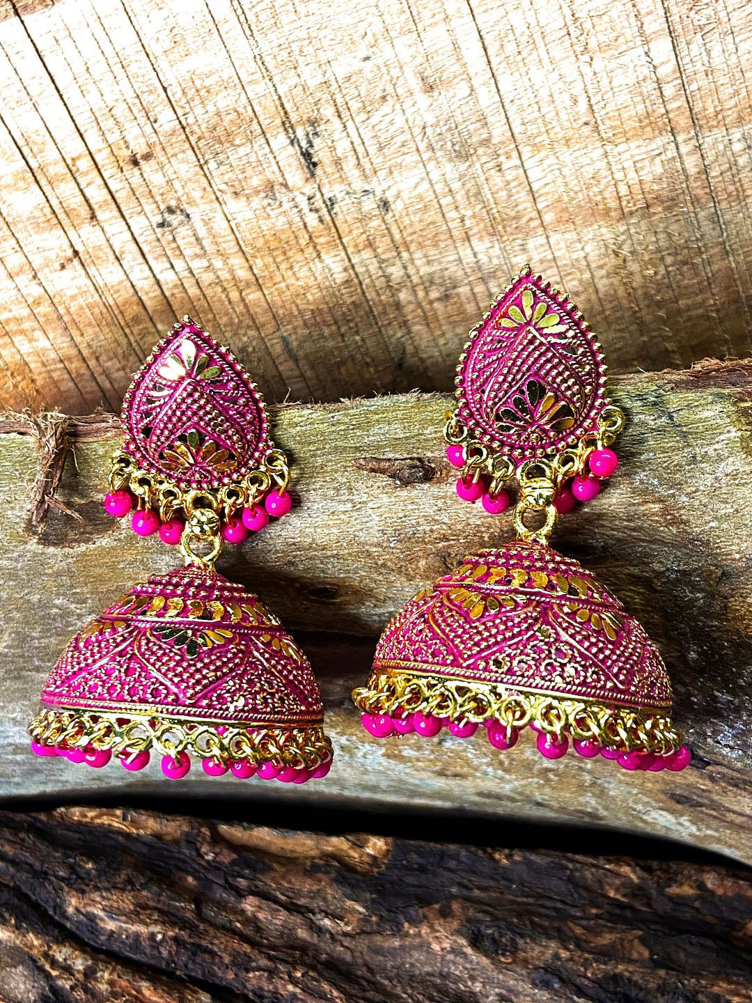 ANIKAS CREATION Pink & Gold plated Enamelled Traditional Jhumkas